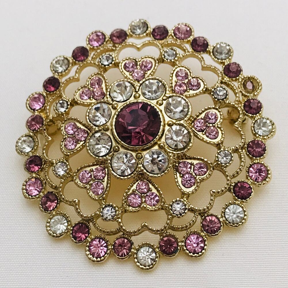 Vintage Monet Gold Tone Pink Purple Rhinestone Floral Heart Brooch Pin